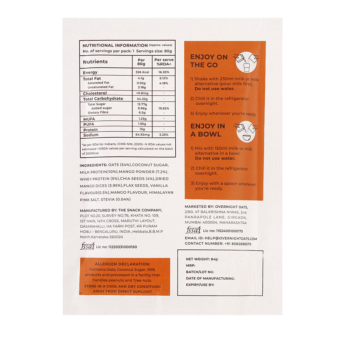 Mango Custard 2-Single Serve Pouches (15g+ protein per serve)